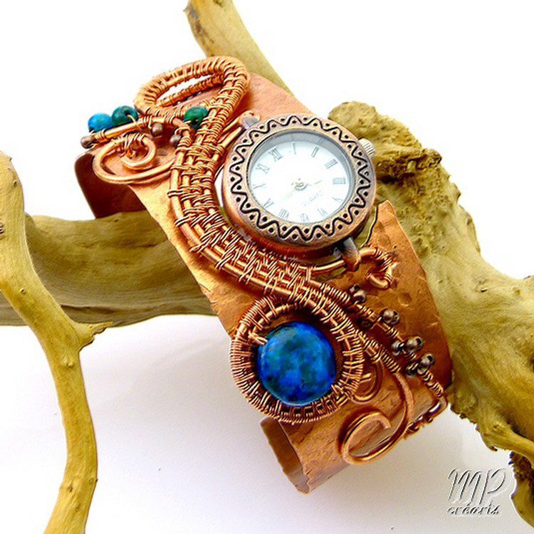 Bracelet Montre en cuivre Chaya avec perles en azurite chrysocolla – Image 5
