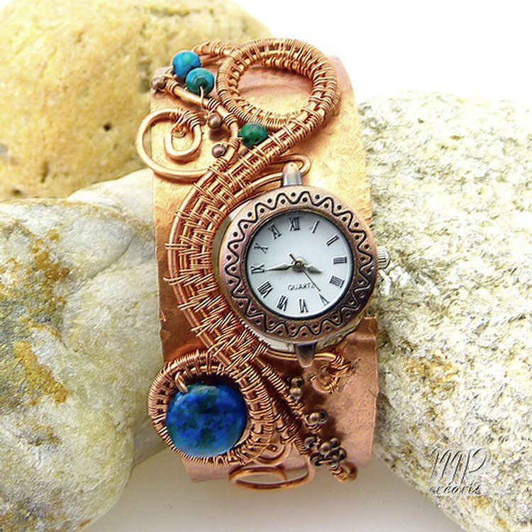 Bracelet Montre en cuivre Chaya avec perles en azurite chrysocolla – Image 3