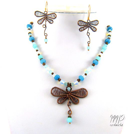 Parure Odonata - cuivre naturel avec opalite et aigues-marines