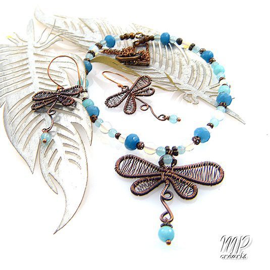 Parure Odonata - cuivre naturel avec opalite et aigues-marines – Image 2