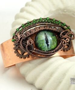 Réservé : Bracelet Manchette "oeil de dragon" Vermithrax - cuivre et oeil vert