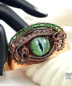 Réservé : Bracelet Manchette "oeil de dragon" Vermithrax - cuivre et oeil vert – Image 2