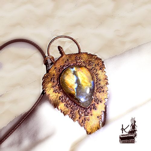 Pendentif Teliel - feuille naturelle cuivré et labradorite – Image 4