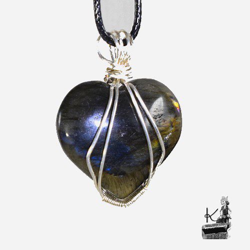 Réservé : Pendentif coeur en labradorite wire wrapped argenté – Image 7