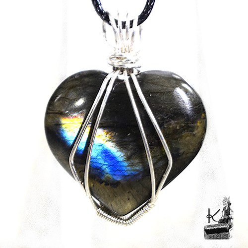 Réservé : Pendentif coeur en labradorite wire wrapped argenté – Image 4