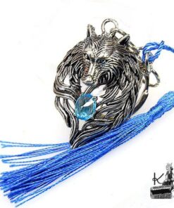 Porte clé ou bijou de sac loup bleu