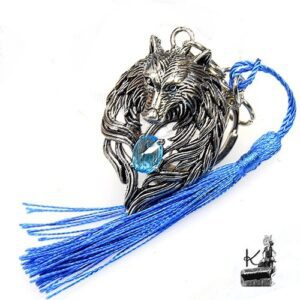 Porte clé ou bijou de sac loup bleu
