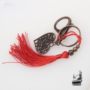 Porte clé/ bijou de sac rouge et coeur en cuivre