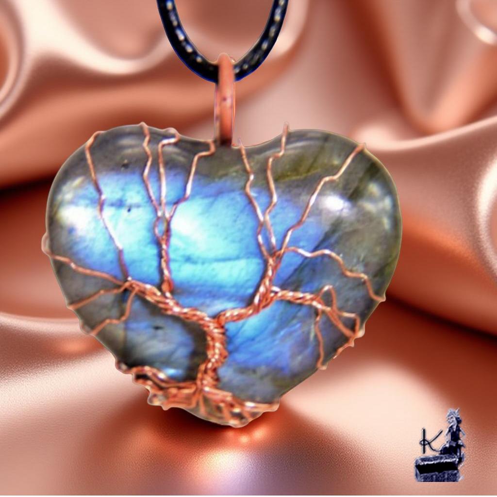 Pendentif Heilyn - coeur en labradorite et arbre de vie – Image 2