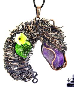 Pendentif Lolly - tête de cheval en cuivre patiné et amethyste
