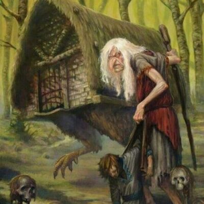Illustration de la cabane légendaire de Baba Yaga nichée dans une forêt de bouleaux, perchée sur deux pattes de poulet géantes.