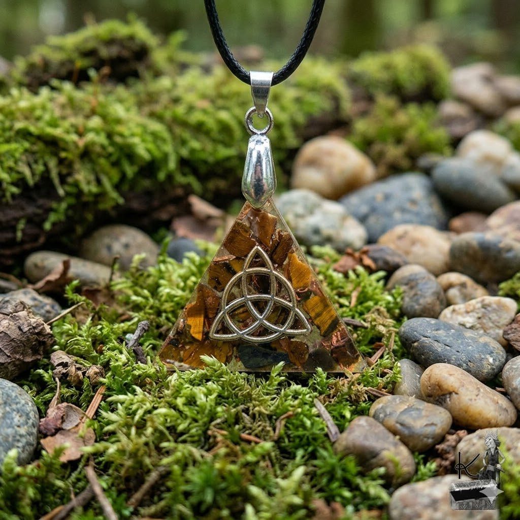 Pendentif Orgone Orgonite "Bili" avec Triquetra et Oeil de tigre – Image 2