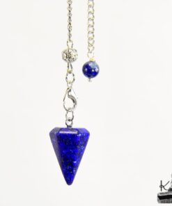Pendule divinatoire conique en pierre naturelle de Lapis-Lazuli avec sa chaînette et sa pochette en toile de jute.