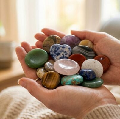 Une main tenant une variété de pierres à souci colorées et polies (améthyste, quartz rose, œil de tigre, jade) aux formes ovales et lisses pour la relaxation.