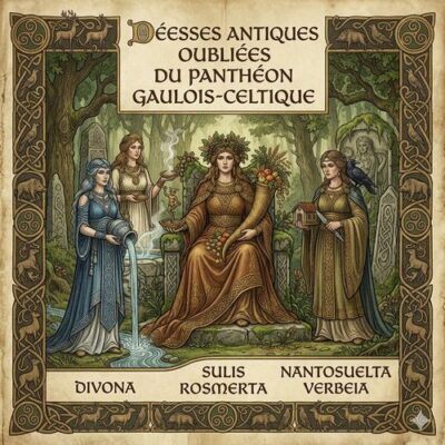 Illustration de style antique représentant les déesses gauloises Divona, Sulis, Rosmerta, Nantosuelta et Verbeia dans une forêt sacrée avec leurs attributs.
