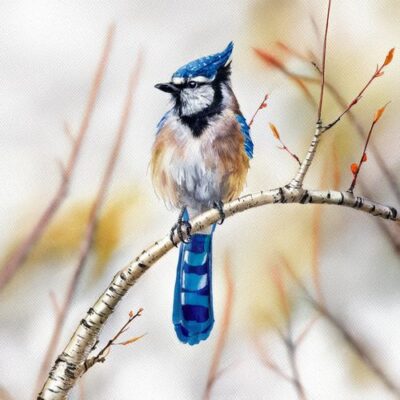 Un geai bleu au plumage éclatant perché sur une branche, symbolisant l'intuition et la force de caractère spirituelle.
