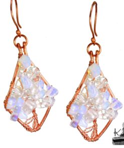 Boucles d'oreilles Cenian artisanales en cuivre motif Arbre de Vie avec perles en opalite.