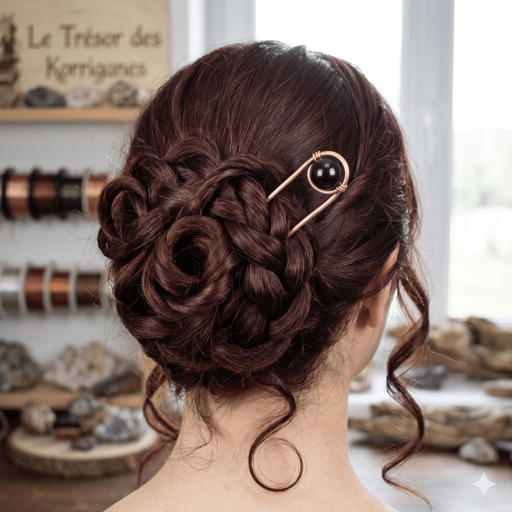 Fourche à cheveux Riou : Ornement Artisanal en Cuivre et Obsidienne – Image 5