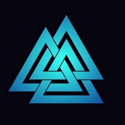 Symbole sacré du Valknut composé de trois triangles imbriqués, emblème de la trinité d'Odin dans la mythologie nordique.