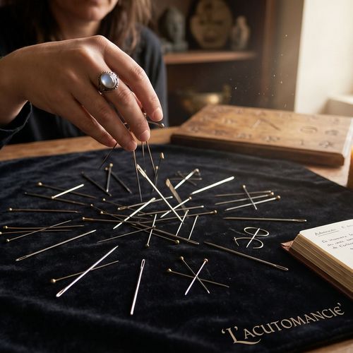 Plusieurs aiguilles de couture jetées sur une table en bois formant des figures géométriques pour une séance d'acutomancie.