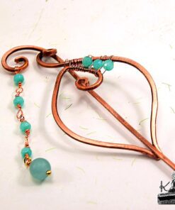 Barrette à cheveux artisanale en cuivre et perles d'amazonite, modèle Idriel, pièce unique.