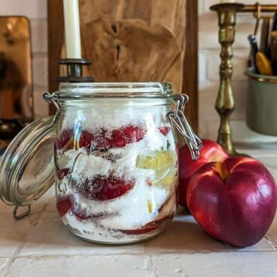 Bocaux en verre contenant du Kôso et du Cheong en cours de fermentation avec des fruits frais.