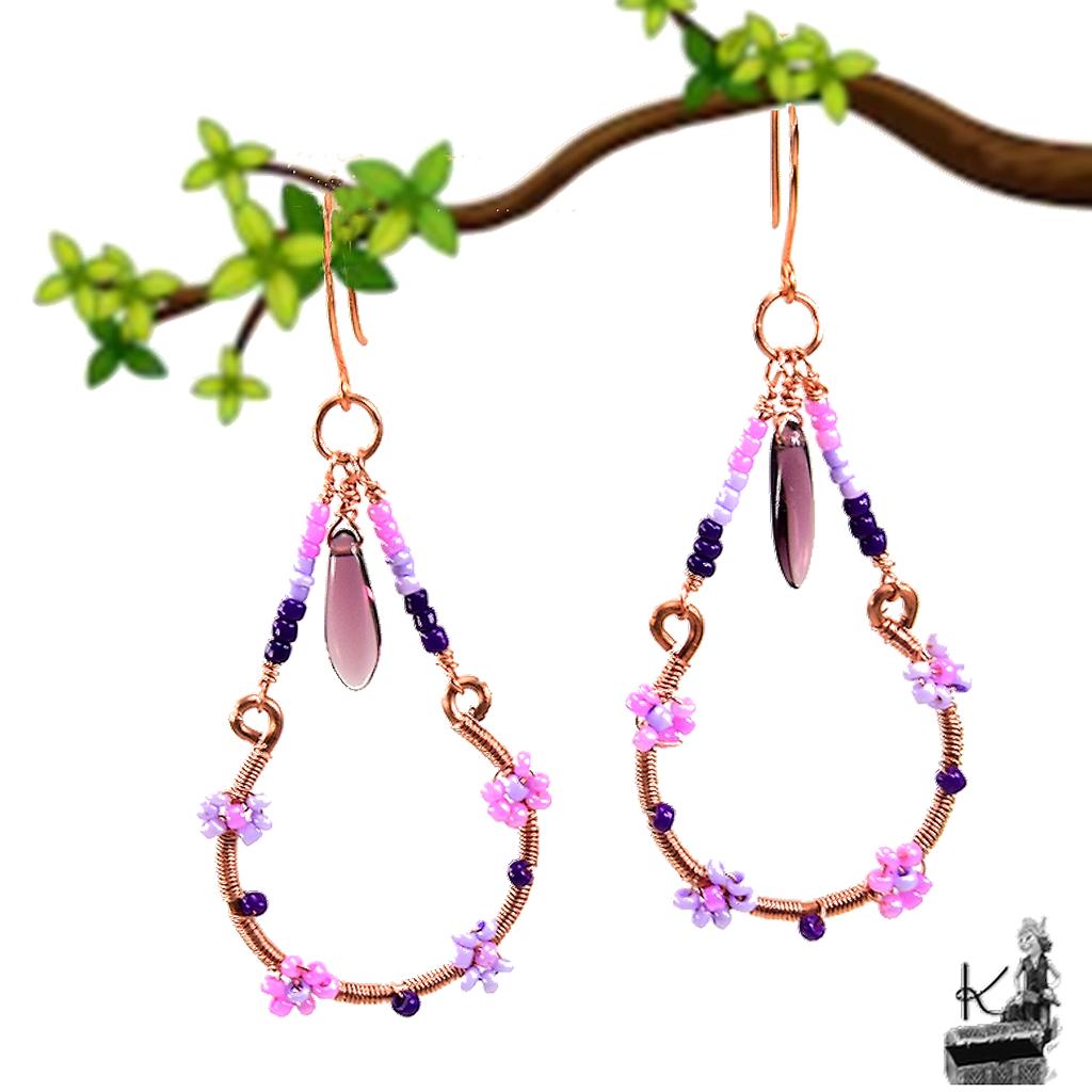 Boucles d’oreille Olier – cuivre naturel et perles en verre – Image 2