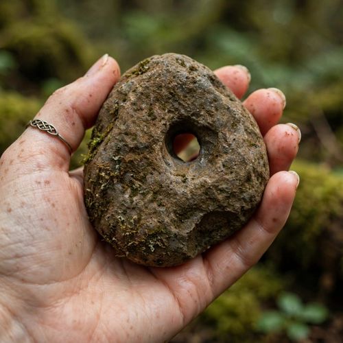 Gros plan sur une pierre de sorcière naturelle et percée en son centre, trouvée au bord d'une rivière, posée sur de la mousse verte comme talisman de protection ésotérique.