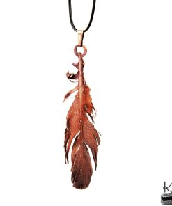 Pendentif artisanal Dahon composé d'une véritable plume naturelle électroformée et patinée, création unique Le Trésor des Korriganes.