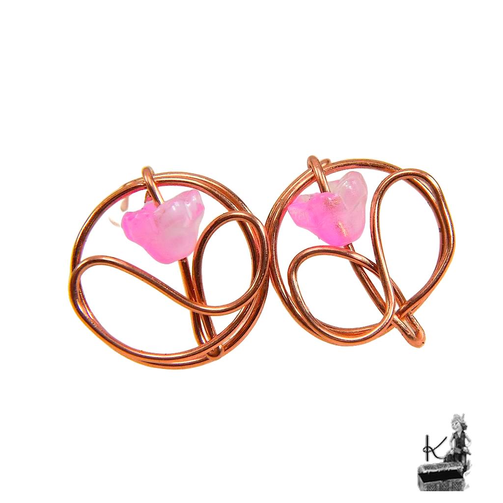 Boucles d'oreilles tiges Flore en cuivre naturel tressé et fleur en verre tchèque