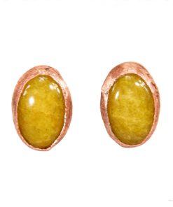 Boucles d'oreilles tiges artisanales Fregan en cuivre naturel et cabochons de jade jaune