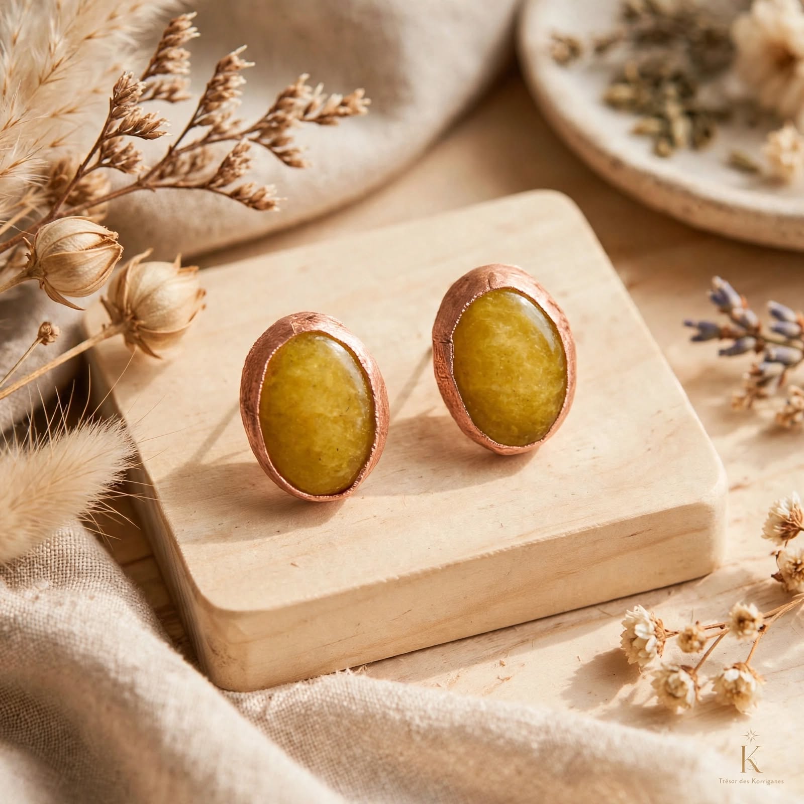 Boucles d’oreille tiges Fregan – cuivre naturel et jade naturelle – Image 2
