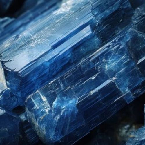 Cristaux de cyanite bleue brute et polie symbolisant l'harmonie, la communication et l'alignement des chakras en lithothérapie.