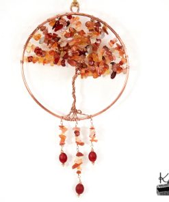 Décoration murale Arbre de Vie "Bly" en cuivre naturel tressé à la main, agrémentée de perles en cornaline et de verre tchèque avec une attache en jute.