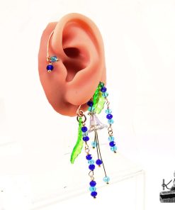 Tour d'oreille ear cuff Melyra en cuivre tissé fait main et perles de verre, bijou elfique sans perçage Le Trésor des Korriganes.