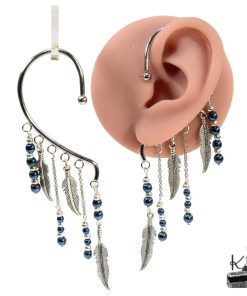 Tour d'oreille ear cuff Azurine en métal argenté et perles en hématite sans perçage