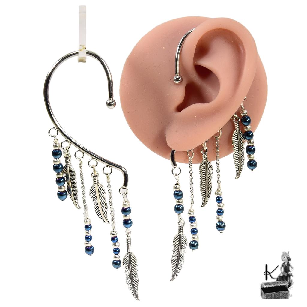 Tour d'oreille ear cuff Azurine en métal argenté et perles en hématite sans perçage