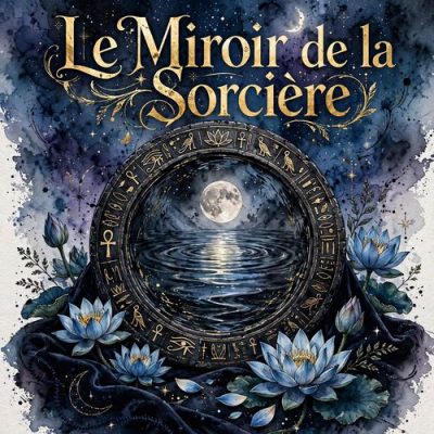Miroir noir de sorcière posé avec une bougie allumée pour une pratique divinatoire et de clairvoyance.