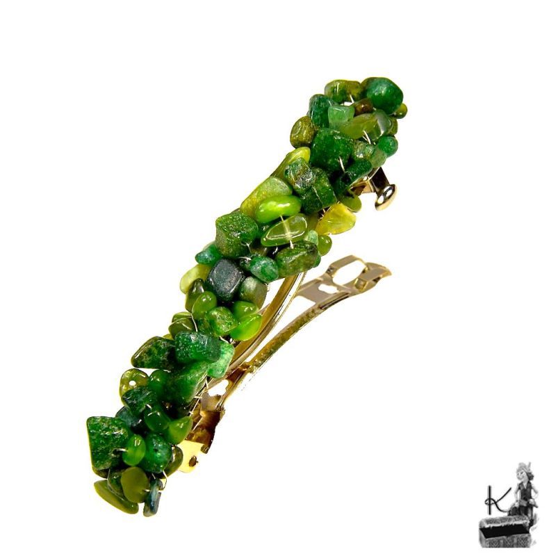 Barrette à cheveux artisanale Sylve en fil de cuivre et perles de jade naturel tissées à la main.