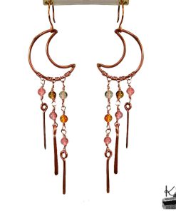 Boucles d'oreilles artisanales Noctuelle en cuivre naturel et pierres de tourmaline pastèque
