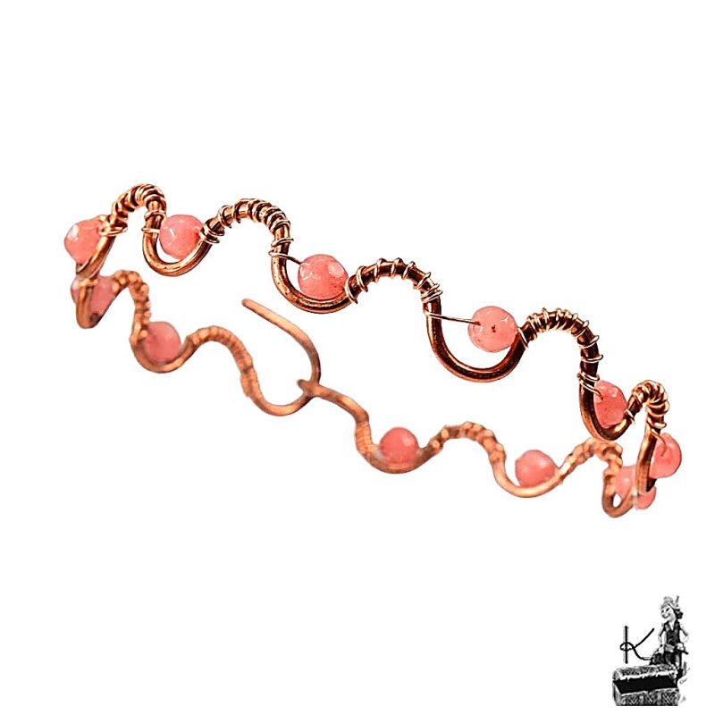 Bracelet artisanal en cuivre fait main avec perles de morganite rose Rozig inspiré des temples anciens