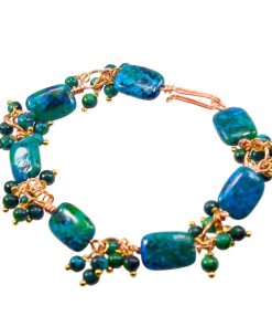 Bracelet artisanal Liane d'Anaé en cuivre naturel et pierres d'azurite chrysocolle bleu-vert.