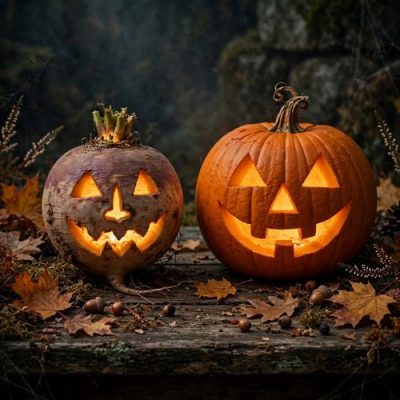 Une lanterne sculptée dans une citrouille avec une bougie allumée à l'intérieur, posée sur un muret en pierre au crépuscule pour Samhain.