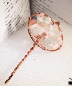Marque-page fait main en cuivre avec arbre de vie en morganite rose pour livre et grimoire